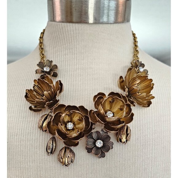 J Crew Brass Poppy Tulip Bud Ornate Necklace Clear Rhinestones C637